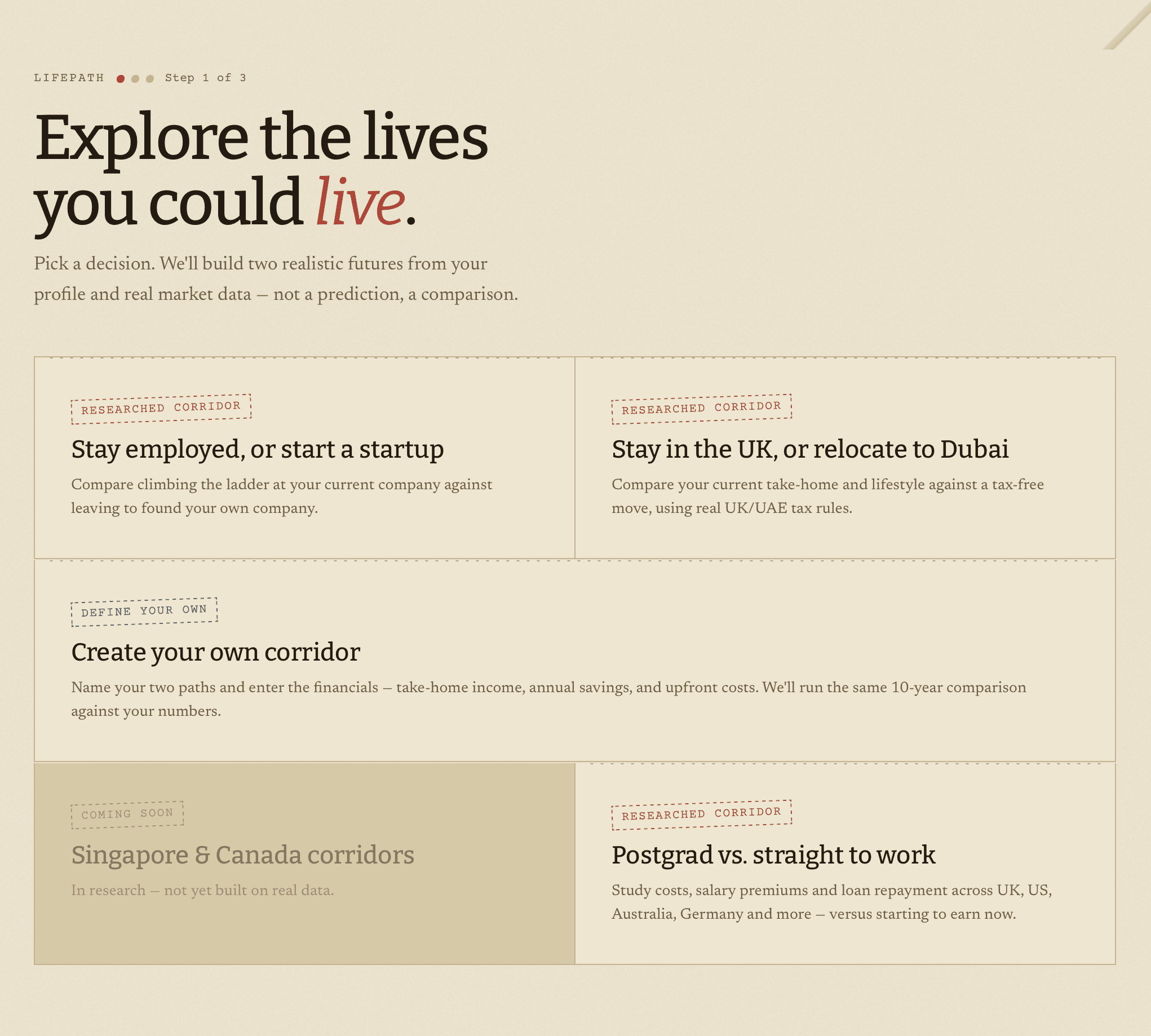 LifePath onboarding screen: “Explore the lives you could live” corridor selection