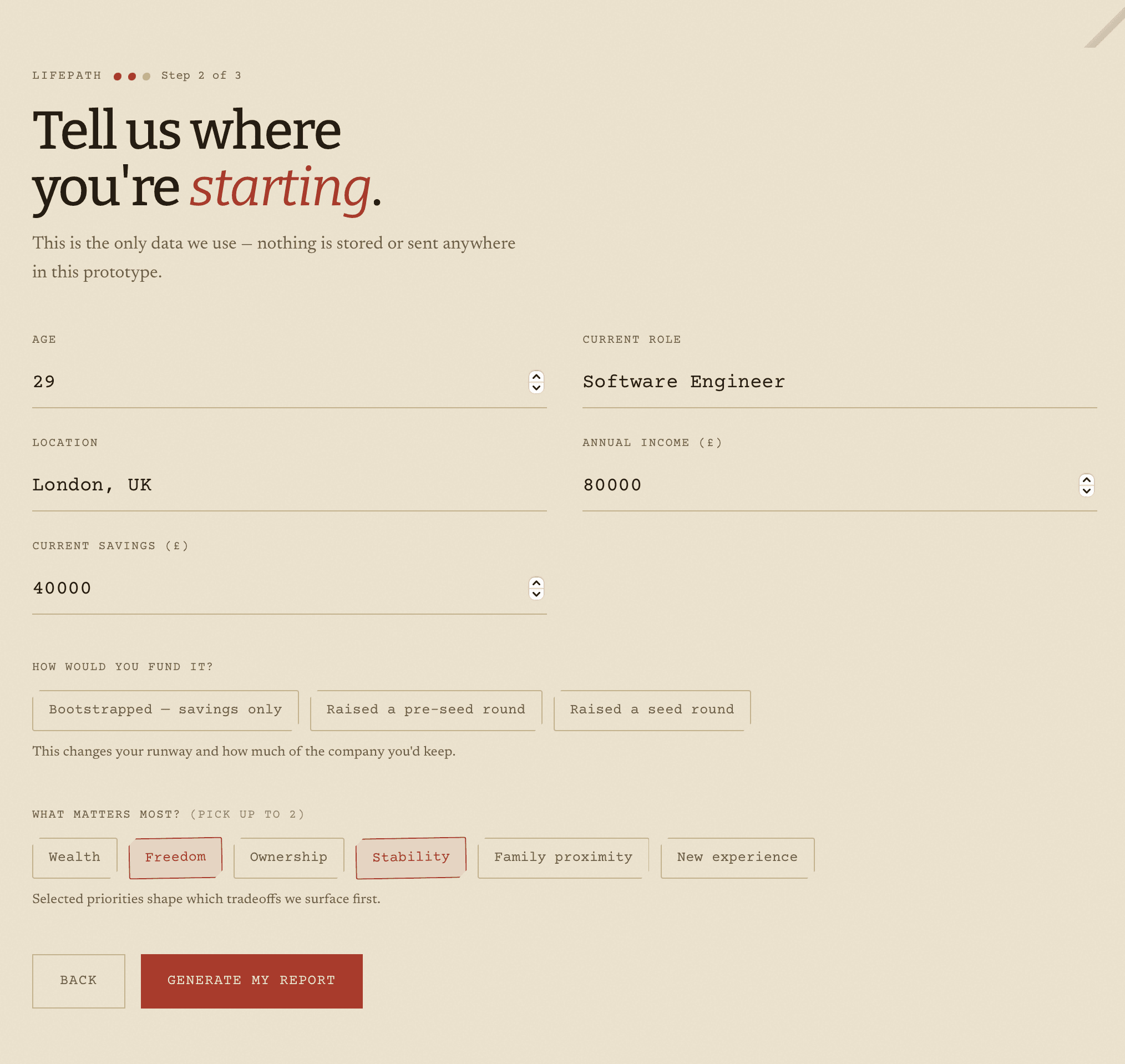 LifePath profile input step — age, role, location, income, and savings