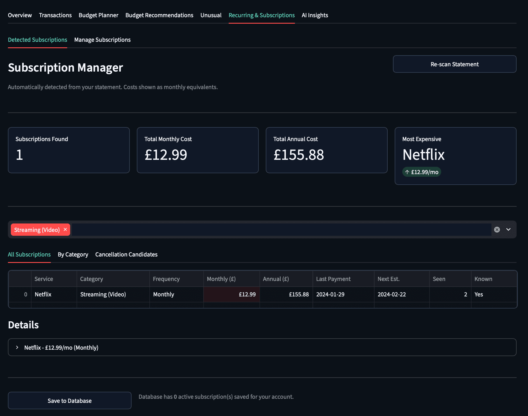 MoneyFlow subscription manager showing detected recurring payments